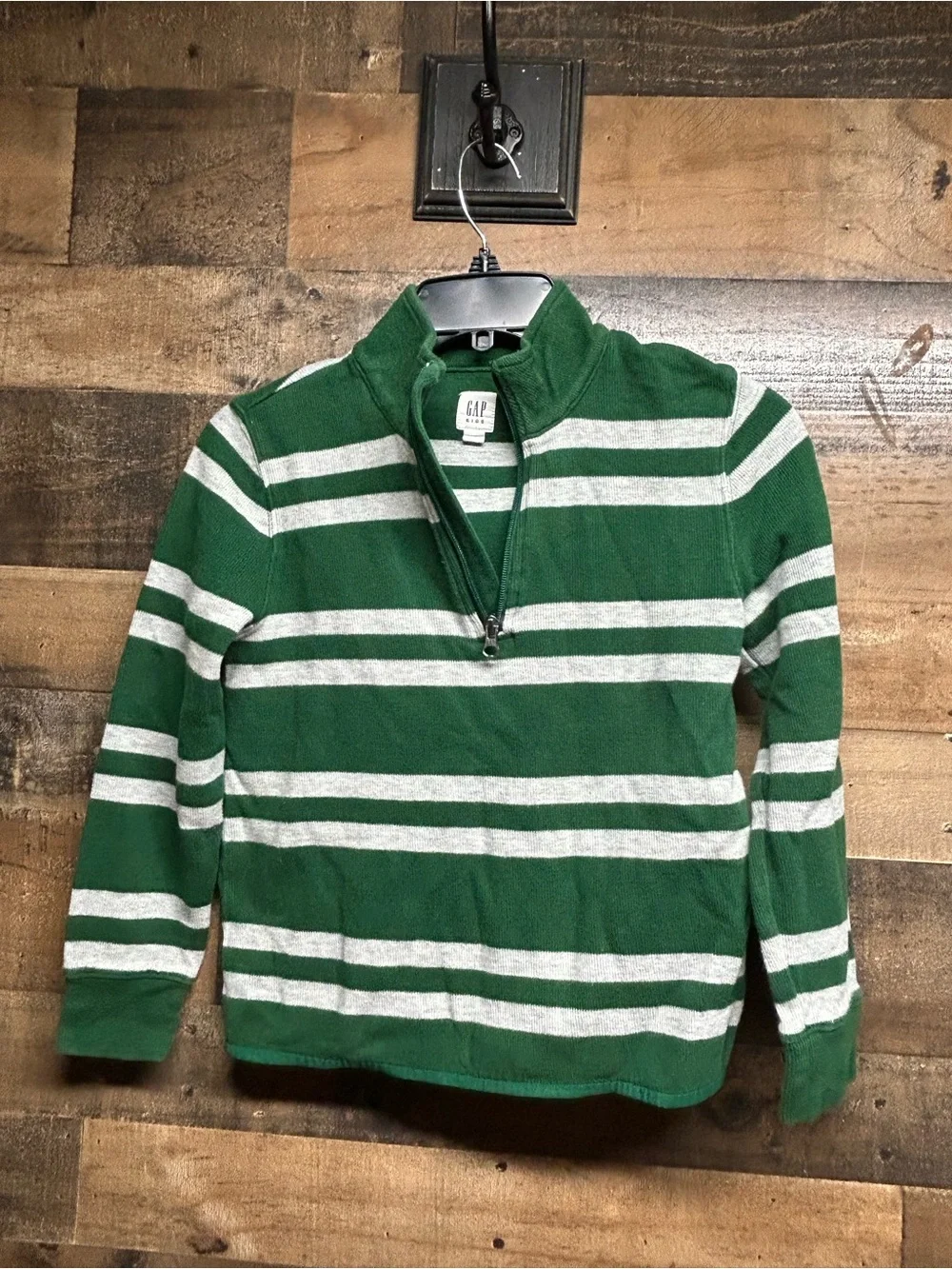 GAP Men's Green and White Striped Quarter-Zip Sweater
